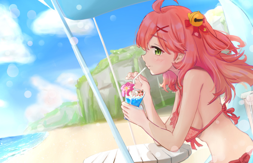 35p_(sakura_miko) ahoge beach beach_chair bell bikini blue_sky bow breasts day drink drinking_straw elbow_rest female floral_print_bikini frilled_bikini_top green_eyes hair_bell hair_between_eyes hair_ornament hairbow hairclip hands_up holding holding_drink holding_drinking_straw hololive kintoki_(sakura_miko) large_breasts long_hair looking_at_viewer ocean official_alternate_costume one_side_up outdoors pink_bikini pink_hair plateau sakura_miko sakura_miko_(hololive_summer_2019) shadow sideboob sitting sky solo swimsuit table takamiya_so virtual_youtuber x_hair_ornament