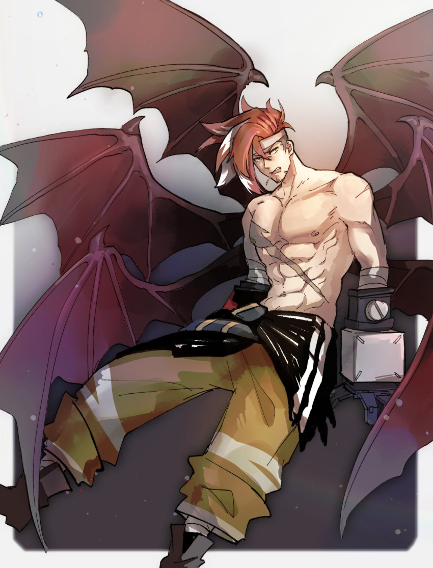 1boy abs ahappycatroy alchemy_stars bara black_footwear brown_pants chinese_commentary commentary_request facial_hair goatee_stubble headband highres male_focus mouth_hold multicolored_hair multiple_wings muscular muscular_male navel nipples open_mouth pants pectorals prosthesis prosthetic_arm red_hair scar scar_on_chest sinsa_(alchemy_stars) stalk_in_mouth streaked_hair stubble topless_male white_headband wings