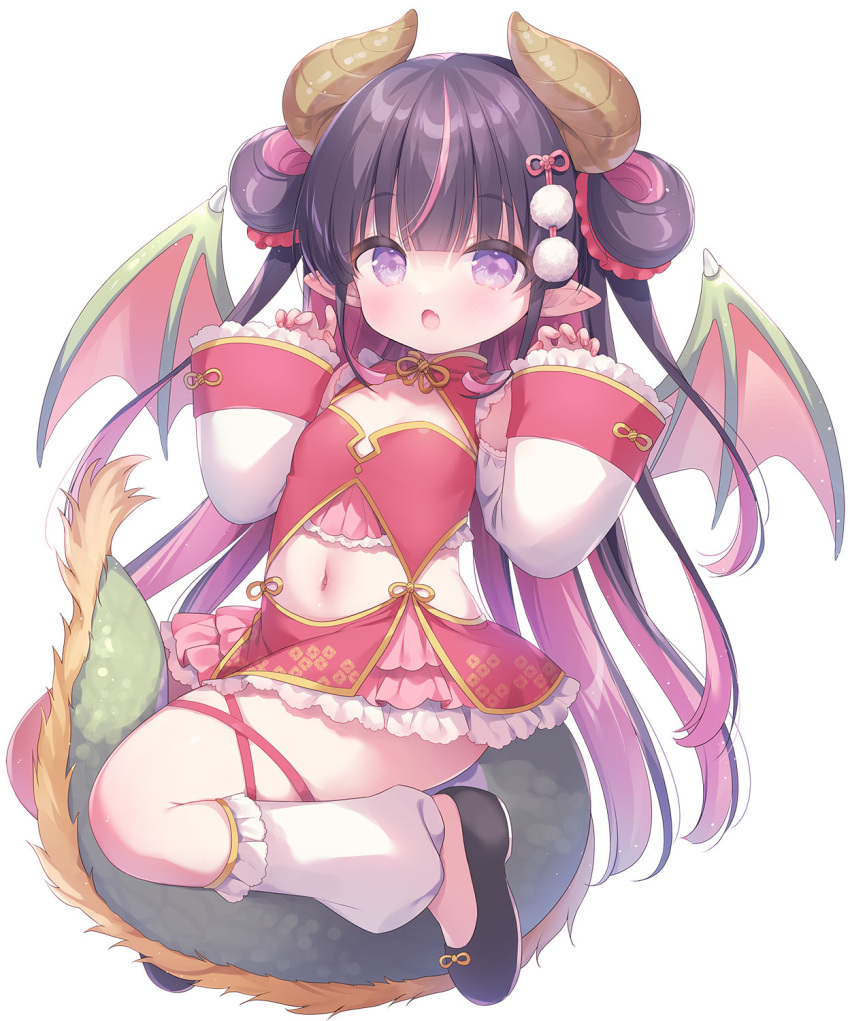 :o black_footwear black_hair blush breasts commentary_request double_bun dragon_girl dragon_horns dragon_tail dragon_wings dress female hair_bun highres horns long_sleeves looking_at_viewer multicolored_hair navel open_mouth original pink_hair pink_wings pointy_ears purple_eyes red_dress shoes sleeveless sleeveless_dress sleeves_past_wrists small_breasts solo stomach stomach_day streaked_hair tail two-tone_hair usashiro_mani white_sleeves wide_sleeves wings