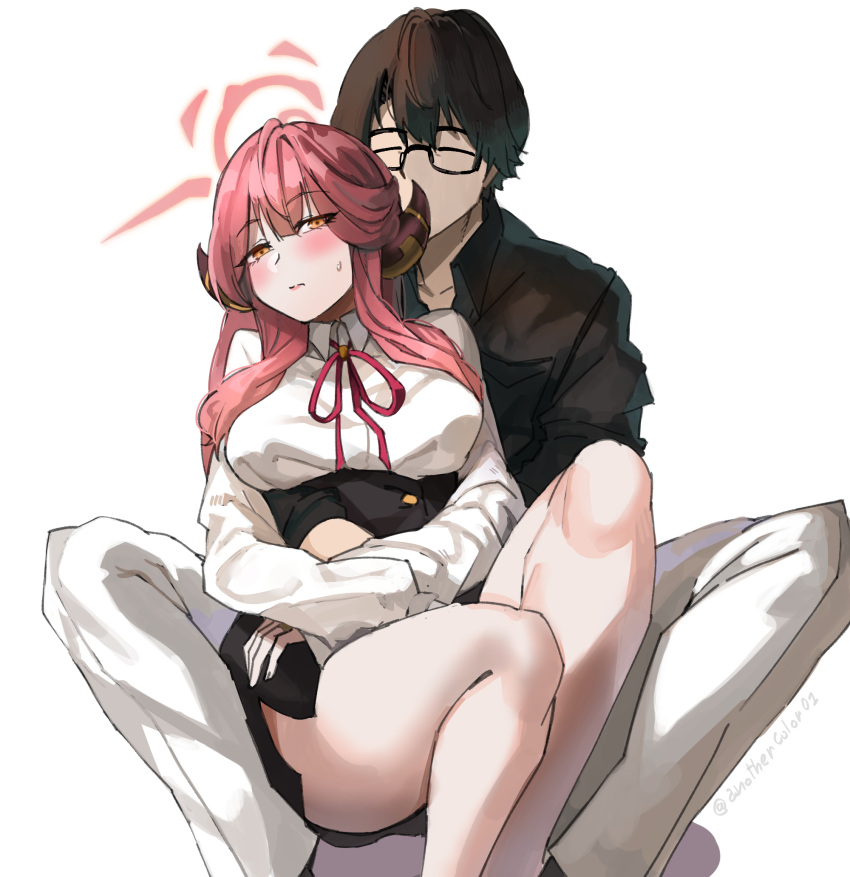 1boy affectionate aru_(blue_archive) black_hair black_shirt black_skirt blue_archive blush breasts brown_horns buttons changecolor closed_eyes collarbone collared_shirt cuddling demon_horns double-breasted embarrassed female glasses halo high-waist_skirt highres horns hug hug_from_behind knees_up legs_apart legs_together long_sleeves looking_at_another medium_breasts miniskirt neck_ribbon pants pencil_skirt pink_hair pink_halo problem_solver_sensei_(blue_archive) reclining red_ribbon ribbon sensei_(blue_archive) shirt short_hair side_slit simple_background sitting sitting_on_person skirt sleeves_rolled_up spread_legs straight sweat thick_thighs thighs white_background white_pants white_shirt yellow_eyes