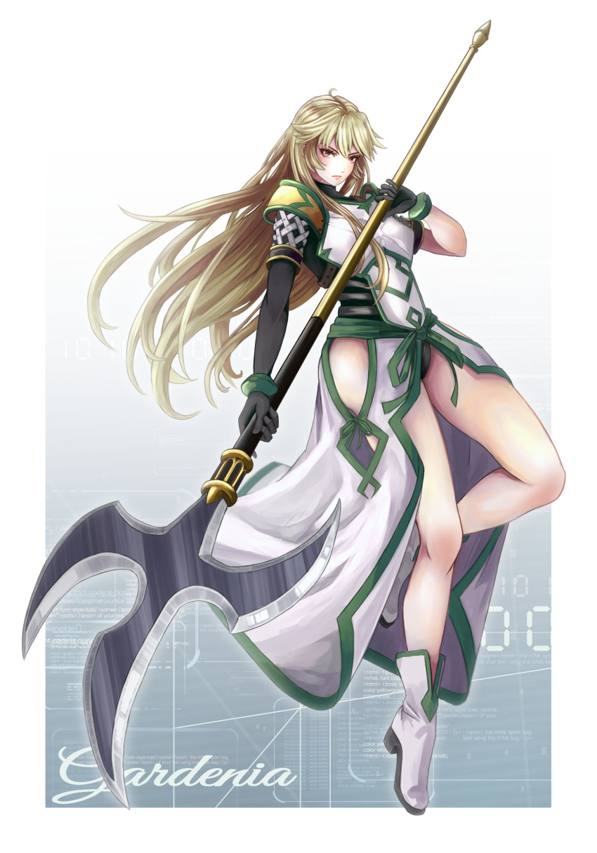 .hack// .hack//games absurdres ahoge ankle_boots armor ass asymmetrical_sleeves black_gloves black_panties black_shirt blonde_hair boots border bracelet breastplate character_name code commentary_request female front_slit full_body gardenia_(.hack//) gloves gradient_background green_sash green_trim grey_background highres hip_vent holding holding_polearm holding_weapon jewelry lips long_hair long_skirt looking_at_viewer mononoke-matsuri outside_border panties polearm red_eyes sash serious shirt shoulder_armor sidelocks skirt solo standing standing_on_one_leg text_background tiptoes underwear very_long_hair weapon white_background white_border white_footwear white_skirt