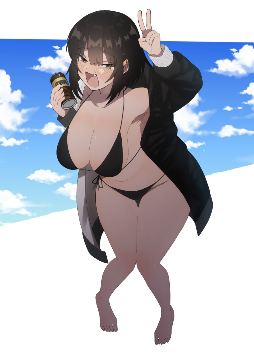 bikini black_bikini black_coat black_eyes black_hair breasts can canned_coffee character_request cloud coat commentary_request drink_can female full_body highres holding holding_can kuraki-san_wa_semetai large_breasts medium_hair oerba_yun_fang open_mouth plump side-tie_bikini_bottom smile solo swimsuit v yuzugaeru