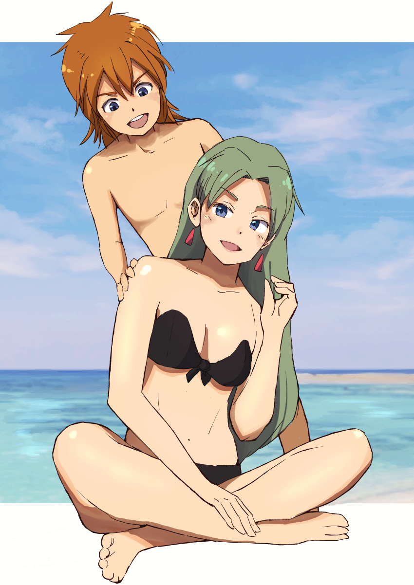 1boy absurdres barefoot blue_eyes breasts cloud commission earrings female full_body grandia grandia_i green_hair haldeco highres jewelry justin_(grandia) lily_(grandia) long_hair looking_at_viewer mother_and_son ocean open_mouth outdoors pixiv_commission red_hair smile swimsuit toes