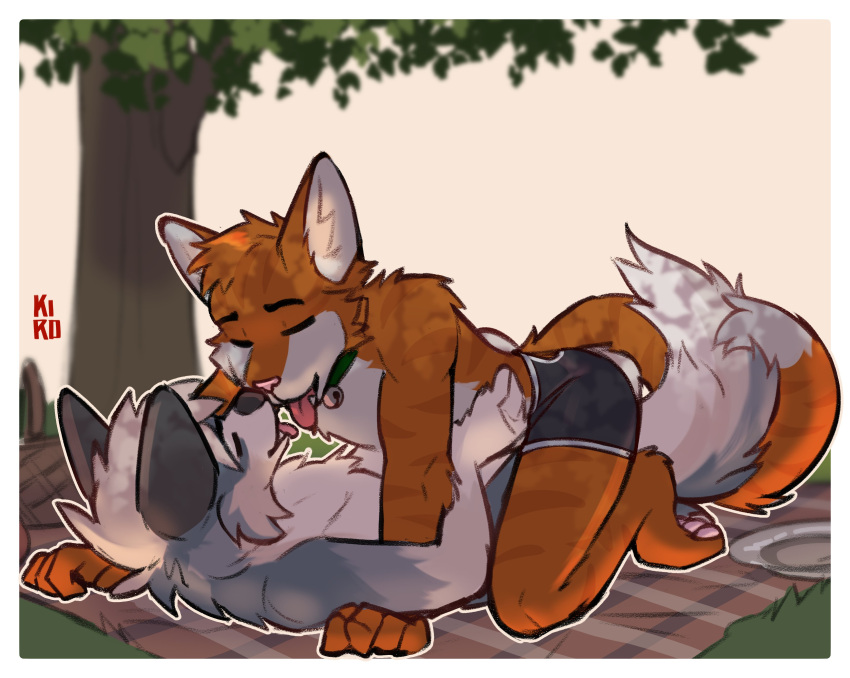 absurd_res anthro canid canine canis closed_eyes clothed clothing collar duo fenneckiro fox hi_res kissing male male/male mammal romantic romantic_couple topless wolf