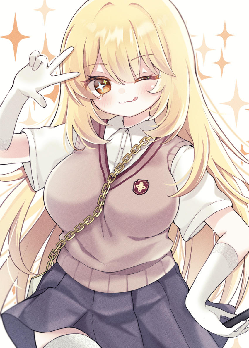 ;q absurdres arm_up bag blonde_hair blush breasts bright_pupils brown_eyes brown_sweater_vest closed_mouth collared_shirt commentary_request dress_shirt elbow_gloves emblem female gloves grey_skirt hair_between_eyes highres large_breasts long_hair ni_kiro one_eye_closed pleated_skirt school_emblem school_uniform shirt shokuhou_misaki short_sleeves shoulder_bag simple_background skirt smile solo sparkle_background sparkling_eyes summer_uniform sweater_vest thighhighs toaru_kagaku_no_railgun toaru_majutsu_no_index tongue tongue_out very_long_hair w w_over_eye white_background white_gloves white_pupils white_shirt white_thighhighs