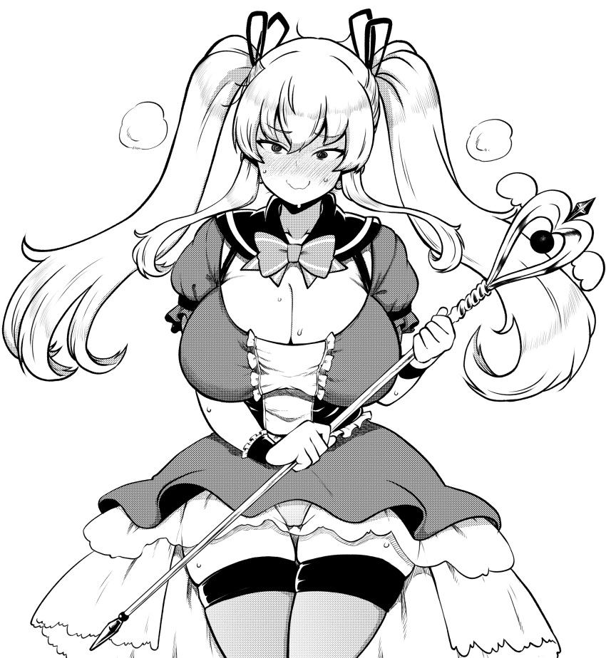 blush bow bowtie breasts character_request cleavage closed_mouth commentary_request copyright_request dress female greyscale highres himajin_noizu holding holding_staff huge_breasts long_hair looking_at_viewer monochrome simple_background smile solo staff sweat thighhighs twintails