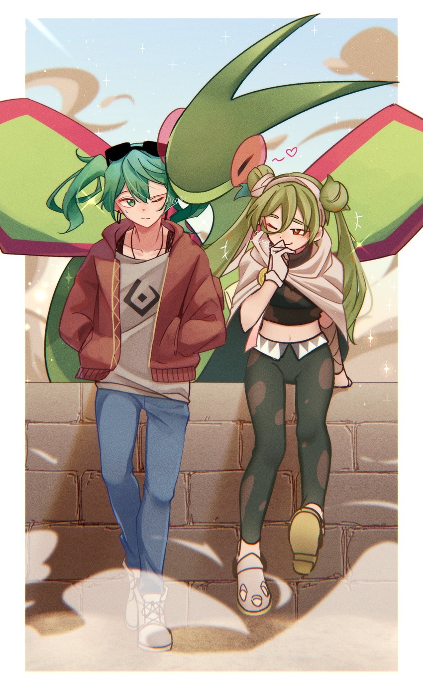 +++ 2girls border closed_mouth commentary cropped_shirt day flygon gloves green_eyes green_hair green_pants ground_miku_(project_voltage) hand_up hands_in_pockets hatsune_miku heart highres jacket mocacoffee_1001 multiple_girls one_eye_closed open_clothes open_jacket outdoors pants pokemon pokemon_(creature) project_voltage shirt shoes sky standing suna_no_wakusei_(vocaloid) sunglasses twintails vocaloid white_border white_footwear