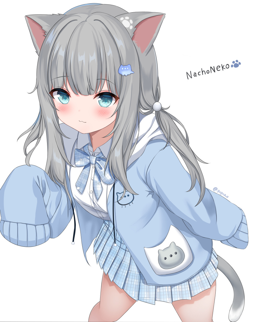 absurdres animal_ears animal_print aqua_eyes blue_sweater blush bow bowtie cat_ears cat_girl cat_print cat_tail female grey_hair gugu0v0 highres indie_virtual_youtuber looking_at_viewer low_twintails nachoneko plaid plaid_skirt pleated_skirt shirt simple_background skirt sleeves_past_wrists solo sweater tail twintails virtual_youtuber white_shirt