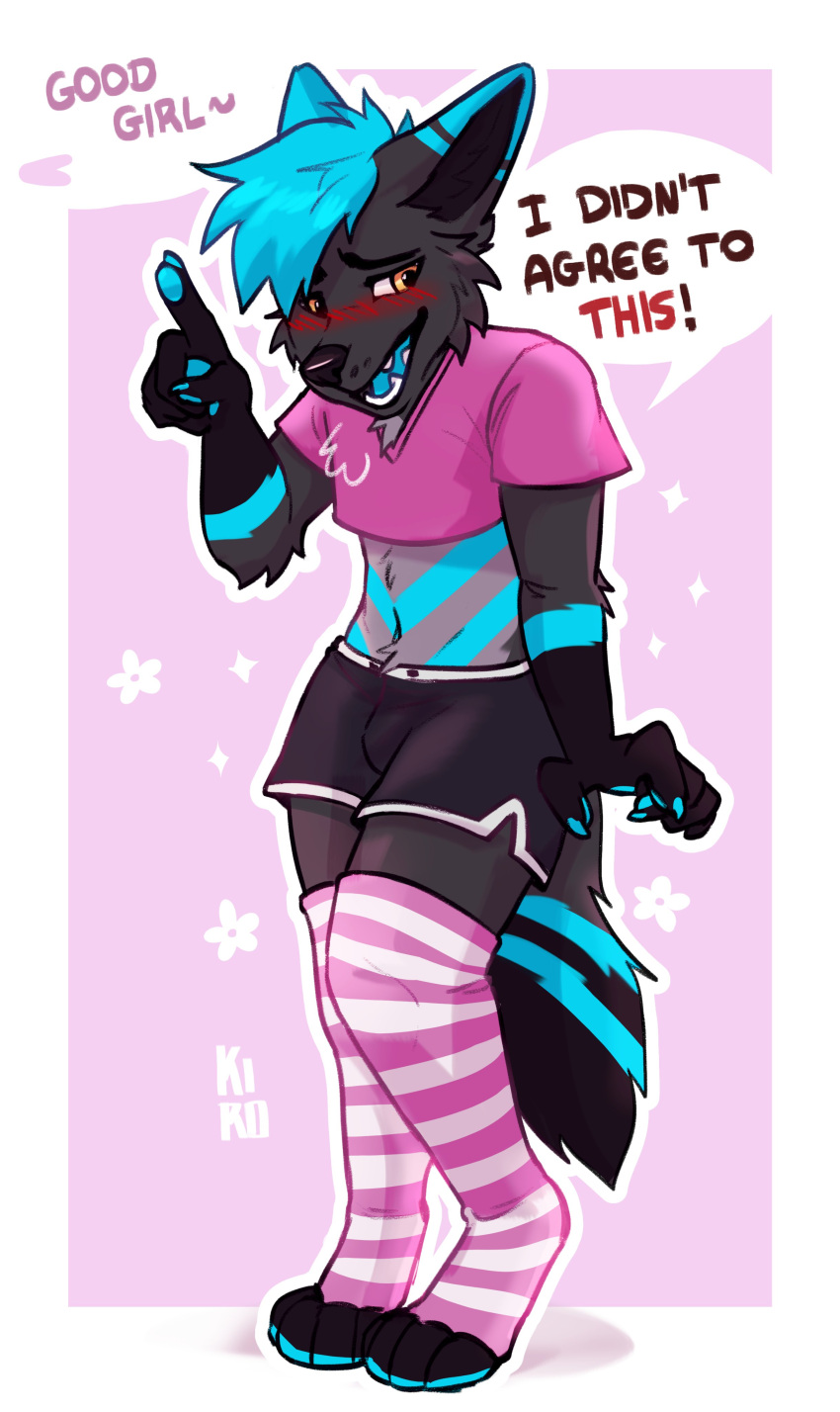 absurd_res anthro black_body black_fur black_hotpants blue_hair blush bottomwear bulge canid canine canis clothed clothing crop_top crossdressing dolphin_shorts femboy feminization fenneckiro fur hair hi_res hotpants legwear male mammal pattern_clothing pattern_legwear pattern_thigh_highs pink_clothing pink_crop_top pink_legwear pink_shirt pink_thigh_highs pink_topwear secretly_loves_it shirt shorts solo speech_bubble striped_clothing striped_legwear striped_thigh_highs stripes thigh_highs topwear wolf yellow_eyes