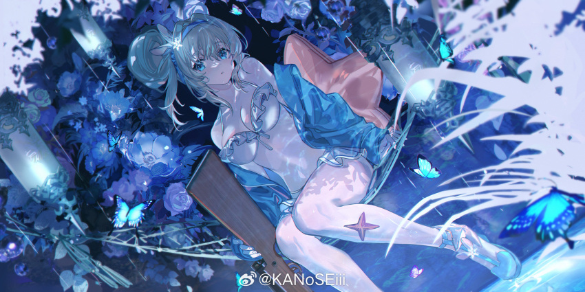 bikini blue_butterfly blue_eyes blue_flower blue_footwear blue_hairband blue_jacket breasts bug butterfly chinese_commentary cleavage commentary_request female flower foot_out_of_frame frilled_bikini frills front-tie_bikini_top front-tie_top full_body girls'_frontline girls'_frontline_2:_exilium gun hair_bun hair_ornament hairband hammock highres hitokoto jacket looking_at_viewer medium_hair off_shoulder official_alternate_costume on_hammock open_clothes open_jacket parted_lips shoes sidelocks sitting snowflake_hair_ornament solo starfish submachine_gun suomi_(girls'_frontline) suomi_(midsummer_pixie)_(girls'_frontline) suomi_kp/-31 swimsuit weapon weibo_logo weibo_watermark white_bikini