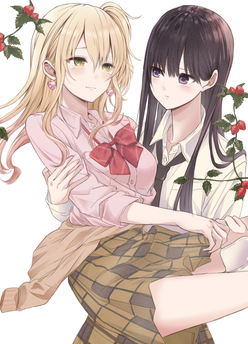 2girls aihara_academy_school_uniform aihara_mei aihara_yuzu bad_id bad_pixiv_id black_hair blonde_hair blush bow breasts citrus_(saburouta) clothes_around_waist collared_shirt ear_blush earrings gangshangguang_(smjy5842) green_eyes gyaru highres jewelry long_hair long_sleeves looking_at_another medium_breasts multiple_girls necktie open_mouth pink_shirt pleated_skirt purple_eyes red_bow school_uniform shirt skirt smile step-siblings step-sisters sweater sweater_around_waist uniform white_shirt wife_and_wife yuri