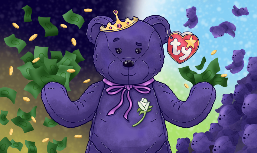 beanie_babies bear bow_ribbon coin crown diana_princess_of_wales female flower fur headgear hi_res mammal money plant plushie princess_(beanie_babies) purple_body purple_fur ribbons smug teddy_bear tiara