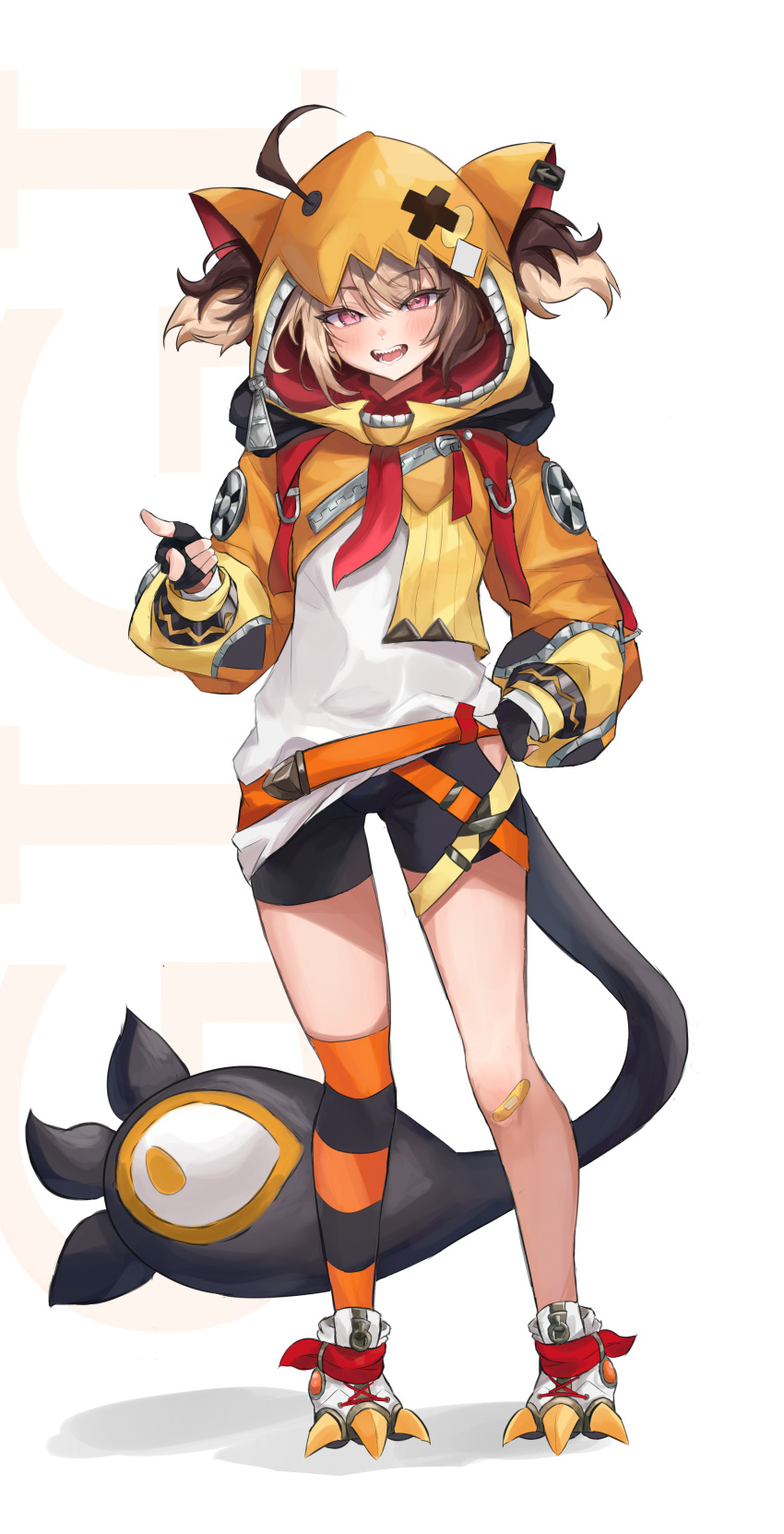 absurdres ahoge animal_ear_hood animal_hood asymmetrical_legwear belt bike_shorts blonde_hair brown_hair cat_hood female full_body gigi_murin gloves hair_through_hood highres hoangryu hololive hood hooded_shrug hoodie huge_ahoge long_hair looking_at_viewer multicolored_hair open_mouth orange_belt orange_hood orange_hoodie orange_shrug paw_shoes red_eyes shorts simple_background smile solo tail two-tone_hair virtual_youtuber white_background yellow_hoodie