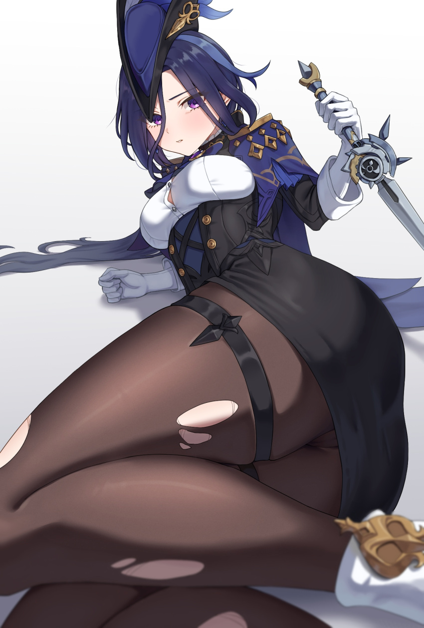 ascot ass ass_focus black_corset black_pantyhose blue_ascot blue_cape blue_hair blue_hat blush breasts button_gap cape clorinde_(genshin_impact) corset dangle_earrings dark_blue_hair earrings epaulettes female fold-over_gloves foot_out_of_frame genshin_impact gloves gradient_background hand_up hat highres holding holding_sword holding_weapon huge_ass iron_sting_(genshin_impact) jewelry kadokadokado knees_up legs_together long_hair looking_at_viewer lying medium_breasts on_side pantyhose parted_lips pencil_skirt purple_eyes reclining sidelocks skindentation skirt solo sword thick_thighs thigh_strap thighs torn_clothes torn_pantyhose tricorne weapon white_background white_gloves