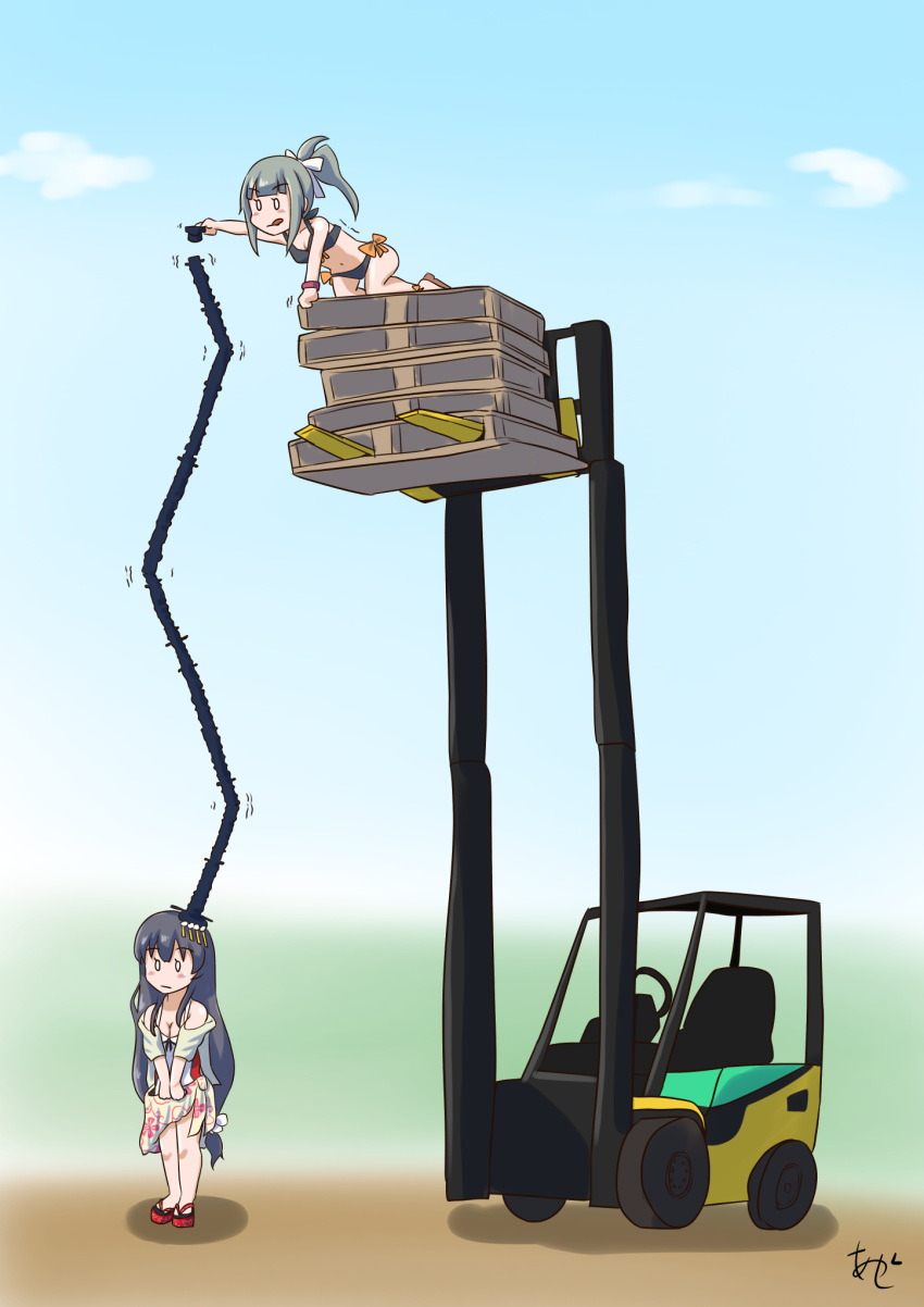 2girls akashieru balancing bikini black_bikini black_eyes blue_sky cargo_pallet cloud day forklift fusou_(kancolle) fusou_(swimsuit_mode)_(kancolle) grey_hair headgear highres kantai_collection long_hair multiple_girls official_alternate_costume one-hour_drawing_challenge one-piece_swimsuit outdoors ponytail sarong sky swimsuit white_one-piece_swimsuit yuubari_(kancolle) yuubari_kai_ni_(kancolle) yuubari_kai_ni_(swimsuit_mode)_(kancolle)