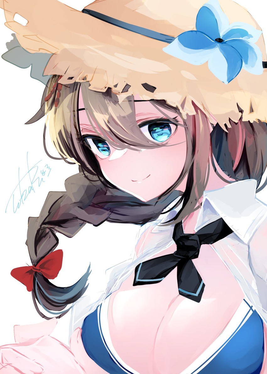 bikini black_neckerchief blue_bikini blue_eyes blue_flower bow braid breasts brown_hair cleavage closed_mouth commentary_request female flower hair_between_eyes hair_flaps hairbow hat hat_flower highres kantai_collection looking_at_viewer medium_breasts neckerchief official_alternate_costume red_bow shigure_(kancolle) shigure_kai_san_(kancolle) shigure_kai_san_(swimsuit)_(kancolle) signature smile solo straw_hat sun_hat swimsuit tobari_(seaetana) upper_body white_background