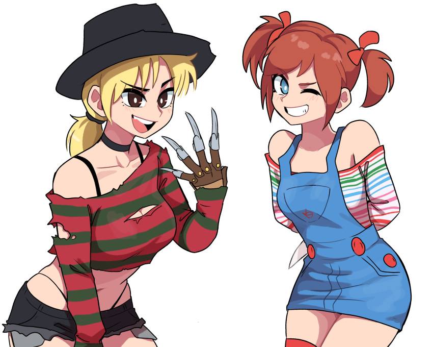 2girls a_nightmare_on_elm_street absurdres bare_shoulders bishoujo_terror black_choker blonde_hair blue_eyes bow breasts bright_pupils brown_eyes brown_hair child's_play choker chucky chucky_(kotobukiya_bishoujo) cleavage dashi_(dashiart) freddy_krueger freddy_krueger_(bishoujo_terror) genderswap_(mtf) grin hairbow hat highres holding holding_knife knife kotobukiya_bishoujo medium_breasts micro_shorts multiple_girls one_eye_closed open_mouth overalls ponytail red_bow rule_63 shirt shorts simple_background small_breasts smile torn_clothes twintails white_background white_pupils