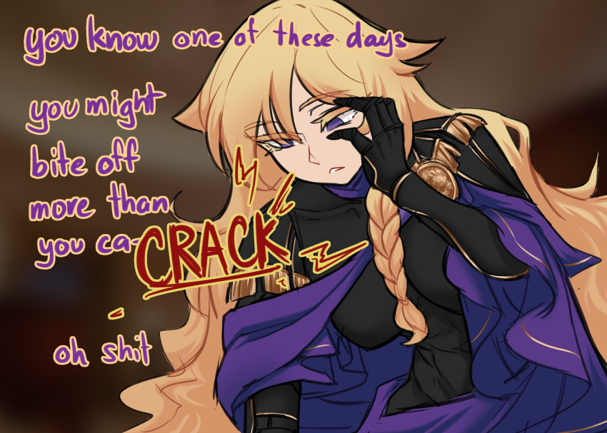 armor blank_eyes blonde_hair blurry blurry_background braid breastplate breasts centurii-chan_(artist) colored_eyelashes commentary covered_navel english_commentary english_text eyes_visible_through_hair female gauntlets hand_on_own_face highres large_breasts long_hair open_mouth original profanity purple_eyes purple_robe robe roman_armor side_braid solo sound_effects very_long_hair