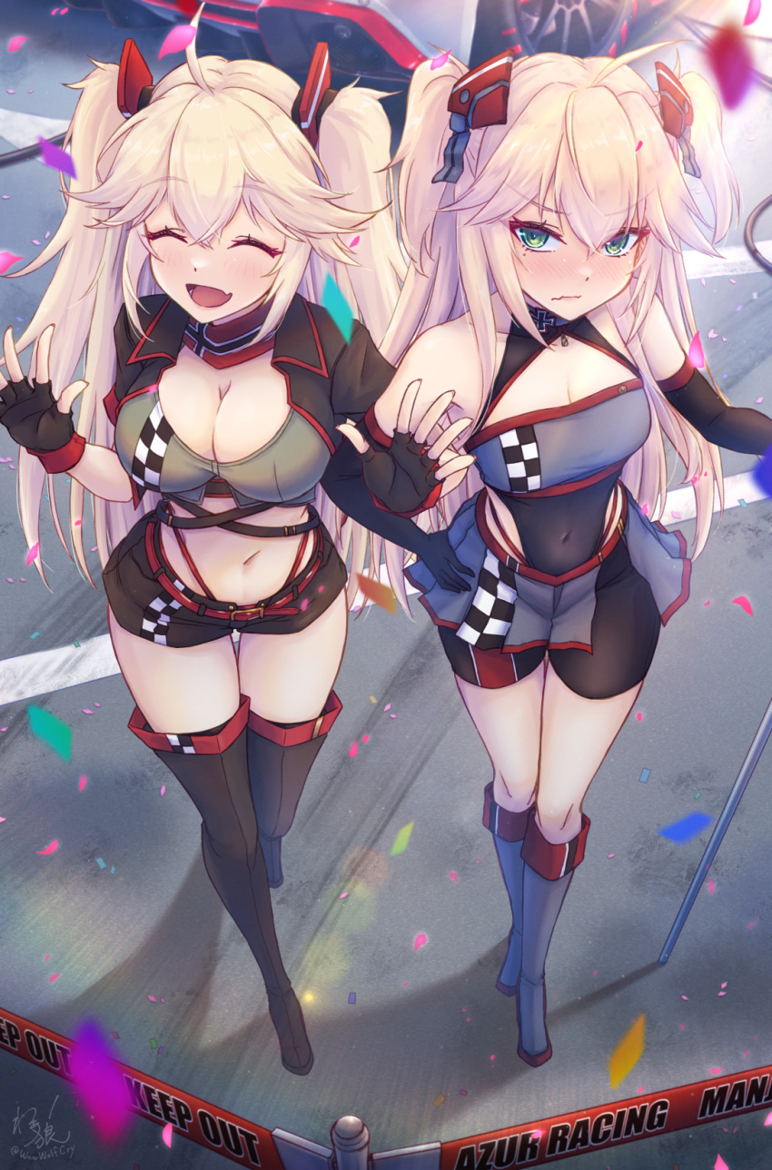 2girls :d admiral_hipper_(azur_lane) ahoge alternate_costume azur_lane bare_shoulders blonde_hair bluecher_(azur_lane) blush boots breasts cleavage closed_eyes covered_navel embarrassed flag high_heel_boots high_heels highres holding holding_flag iron_blood_(emblem) long_hair md5_mismatch medium_breasts mole mole_under_eye multiple_girls navel race_queen smile twintails very_long_hair waa!_okami