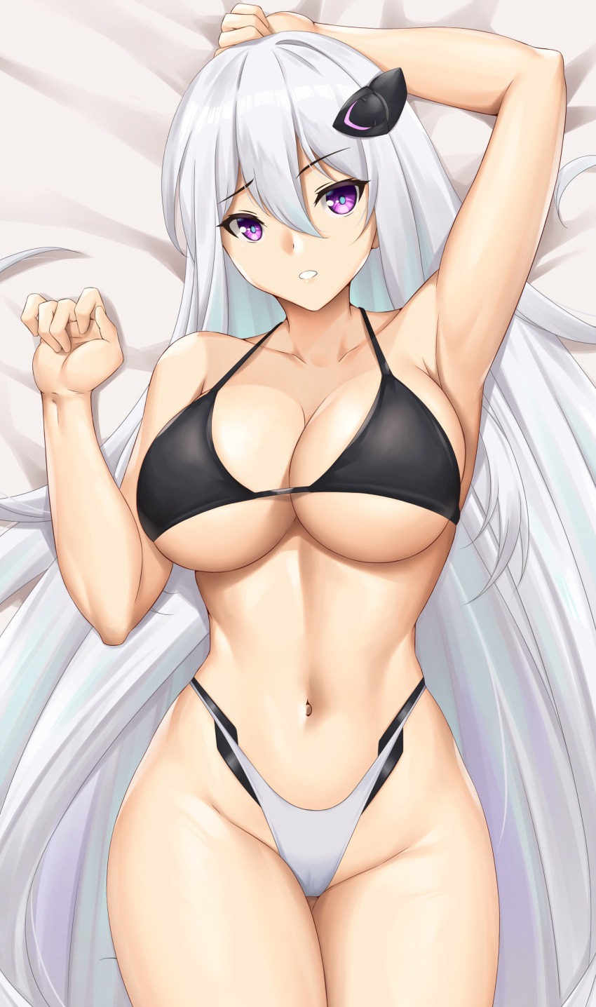 absurdres arcie_albano armpits azur_lane bare_shoulders bikini black_bikini breasts collarbone commentary cowboy_shot female from_above groin hair_between_eyes highleg highleg_bikini highres kearsarge_(azur_lane) large_breasts long_hair long_sleeves looking_at_viewer lying navel on_back panties parted_lips purple_eyes sidelocks solo swimsuit toned underwear very_long_hair white_hair white_panties