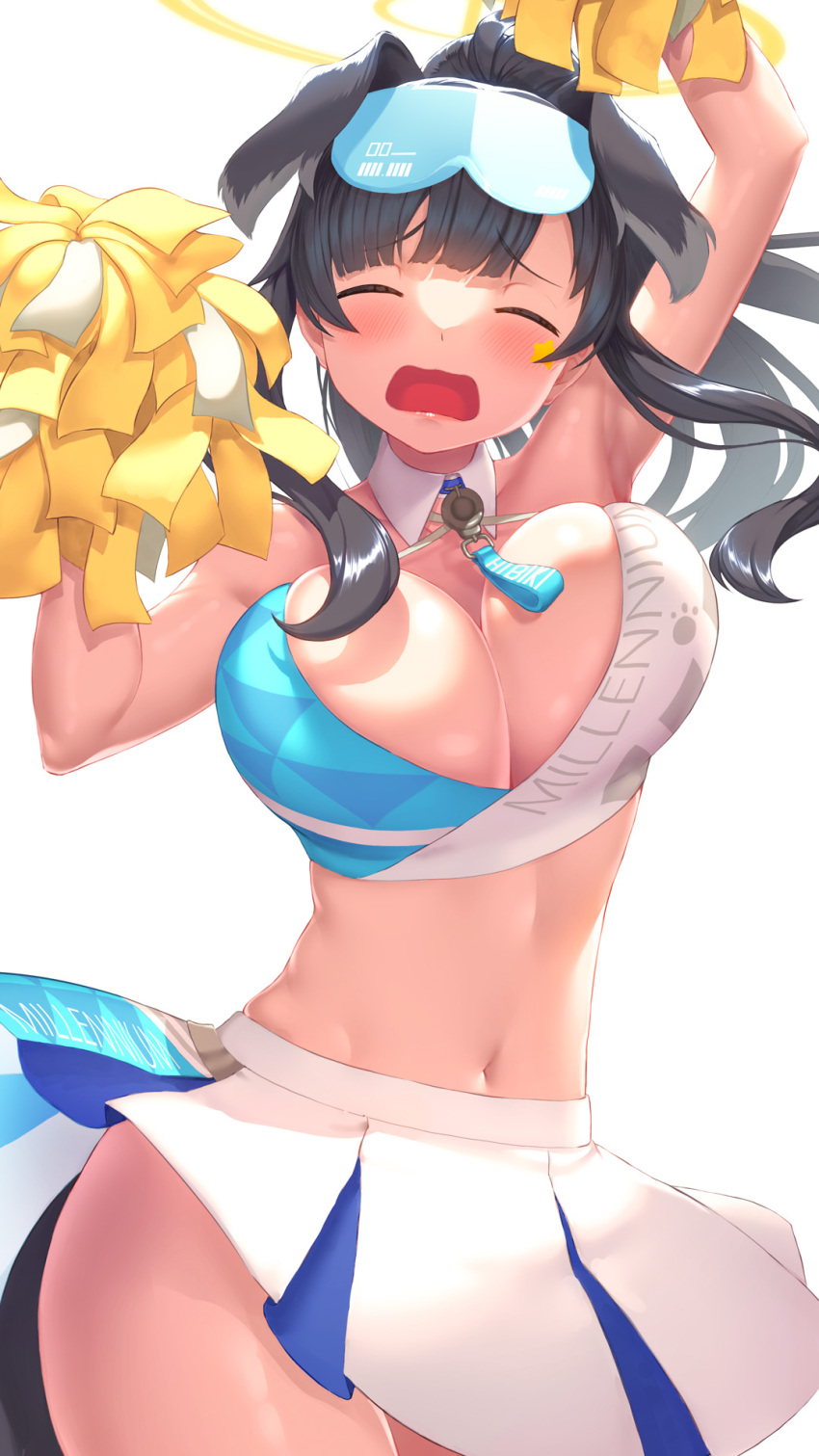 animal_ears armpits arms_up bare_shoulders black_hair blue_archive blue_eyes blush breasts cheering cheerleader closed_eyes collarbone cowboy_shot crop_top dog_ears dog_girl dog_tail eyewear_on_head female goggles goggles_on_head halo hibiki_(blue_archive) hibiki_(cheer_squad)_(blue_archive) highres holding holding_pom_poms long_hair midriff millennium_cheerleader_outfit_(blue_archive) navel official_alternate_costume open_mouth pom_pom_(cheerleading) ponytail simple_background skirt sleeveless solo standing sticker_on_face tail text_print white_background white_skirt yellow_halo yuuki1103