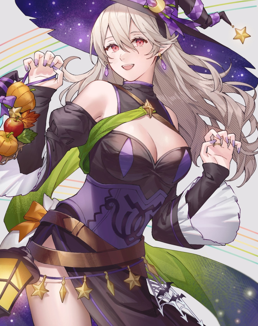 ai_tkkm belt black_dress black_hairband breasts brown_belt cleavage commentary_request corrin_(female)_(fire_emblem) corrin_(female)_(halloween)_(fire_emblem) corrin_(fire_emblem) crossed_belts detached_sleeves dress earrings female fingernails fire_emblem fire_emblem_fates fire_emblem_heroes floating_hair grey_background grey_hair hair_between_eyes hairband halloween halloween_costume hat highres jewelry long_hair looking_at_viewer medium_breasts official_alternate_costume open_mouth pointy_ears purple_nails red_eyes smile solo teeth upper_teeth_only wavy_hair witch witch_hat