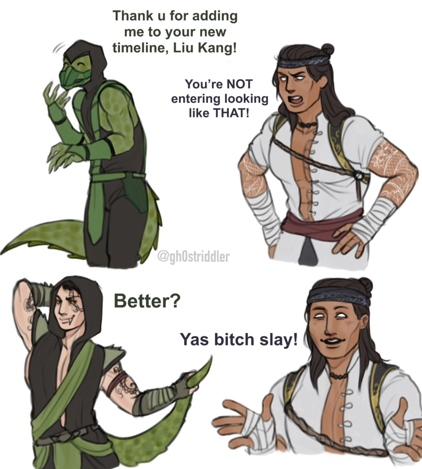 accessory anthro black_hair duo english_text gh0striddler giggling glowing glowing_eyes hair headband hi_res human humanoid humor liu_kang_(mortal_kombat) male mammal meme mortal_kombat ninja profanity reptile reptile_(mortal_kombat) scalie tattoo text warrior yas_bitch_slay