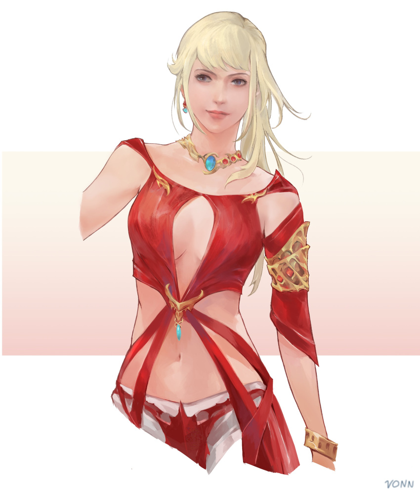 absurdres arizdigitalart black_eyes blonde_hair closed_mouth cowboy_shot dress earrings female final_fantasy final_fantasy_xiv highres jewelry long_hair lyse_hext midriff navel necklace red_dress signature smile solo