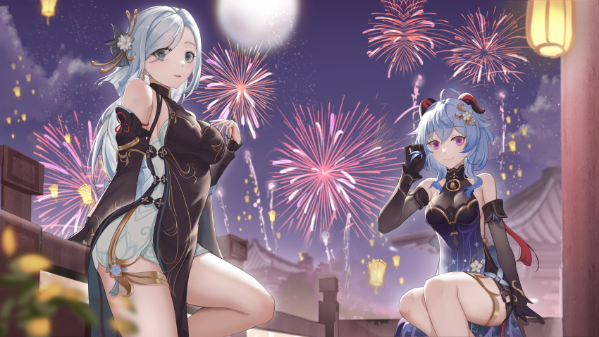 2girls absurdres adjusting_hair against_railing ahoge aqua_nails bare_shoulders black_dress black_gloves black_sleeves blue_hair breasts chinese_commentary cleavage commentary_request cowboy_shot detached_sleeves dress fireworks flag888 flower full_moon ganyu_(genshin_impact) ganyu_(twilight_blossom)_(genshin_impact) genshin_impact gloves goat_horns green_eyes hair_flower hair_ornament hand_on_own_chest hand_up highres horns lantern leg_up light_blue_hair light_blush long_hair looking_at_viewer medium_breasts moon multiple_girls night night_sky on_railing outdoors paper_lantern parted_lips pelvic_curtain purple_eyes railing see-through see-through_cleavage shenhe_(frostflower_dew)_(genshin_impact) shenhe_(genshin_impact) short_hair_with_long_locks sky sleeveless sleeveless_dress smile tassel thighlet thighs very_long_hair vision_(genshin_impact) white_hair