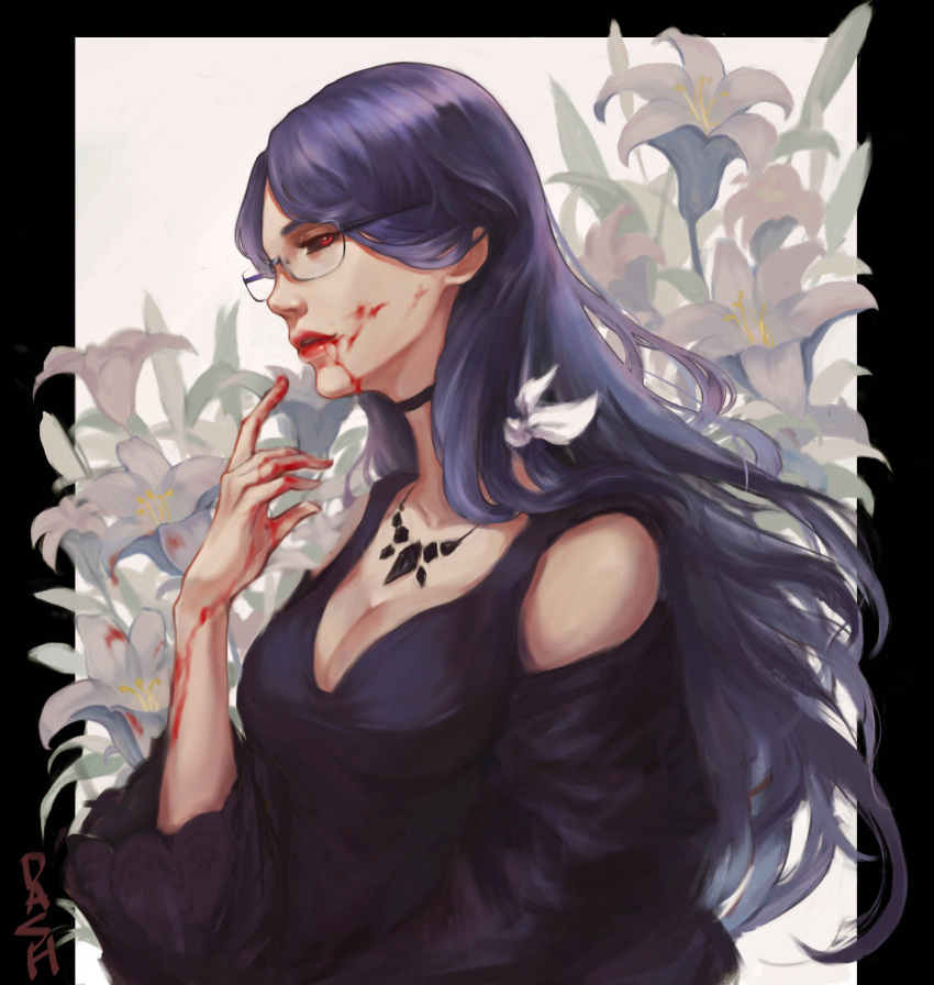 black_sclera blood blood_on_arm blood_on_face blood_on_hands breasts cleavage colored_sclera cropped_legs dash_(734851641) dress female floral_background flower glasses hair_ornament highres kamishiro_rize large_breasts lily_(flower) long_hair looking_to_the_side petals purple_dress purple_hair purple_sleeves red_eyes semi-rimless_eyewear solo tokyo_ghoul tokyo_ghoul:re under-rim_eyewear upper_body white_background white_flower