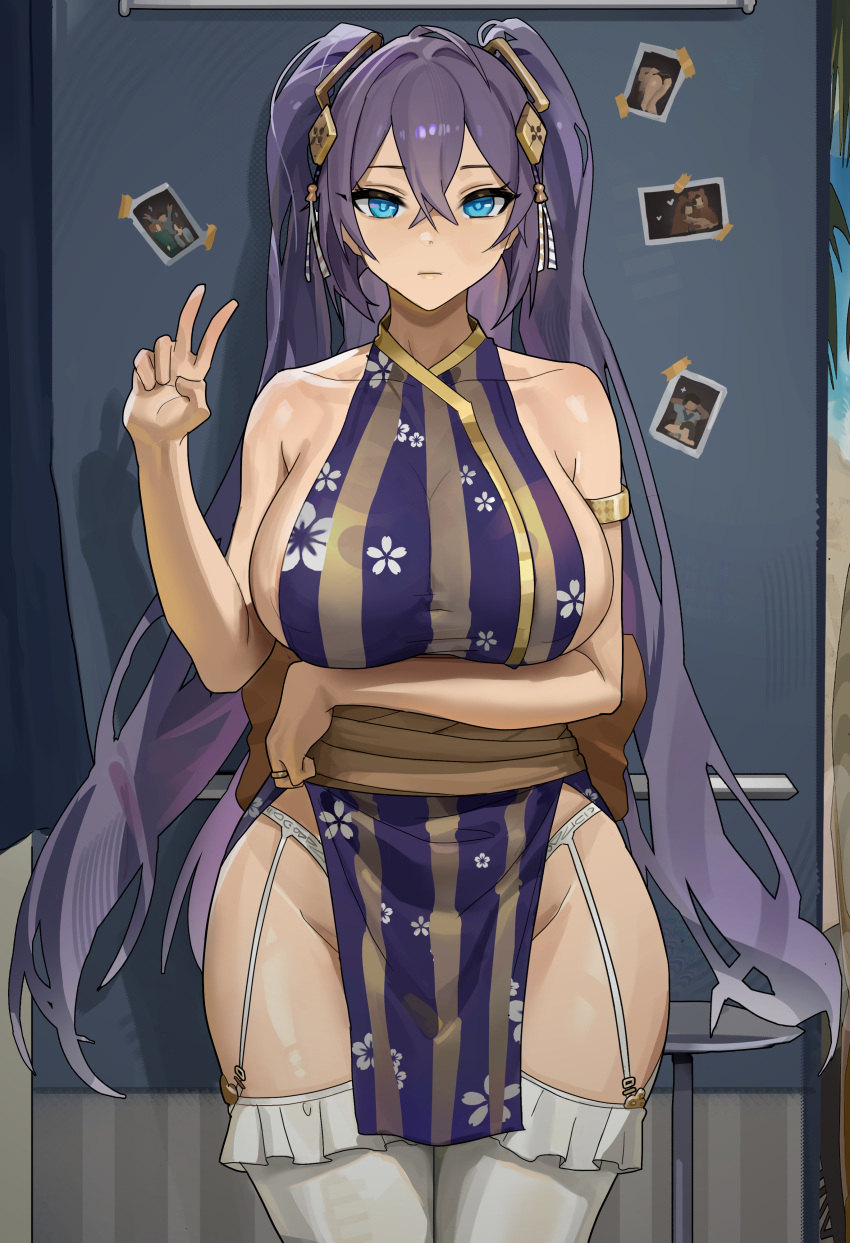 absurdres alternate_costume armband azur_lane bare_shoulders beach blue_eyes breasts commission commissioner_upload dress expressionless female floral_print frills garter_straps hair_between_eyes hair_ornament highres intrepid_(azur_lane) jewelry large_breasts long_hair looking_at_viewer photo_background purple_hair ring shikube sideboob sidelocks solo striped_clothes striped_dress thighhighs thighs two_side_up v wedding_ring white_thighhighs wide_hips