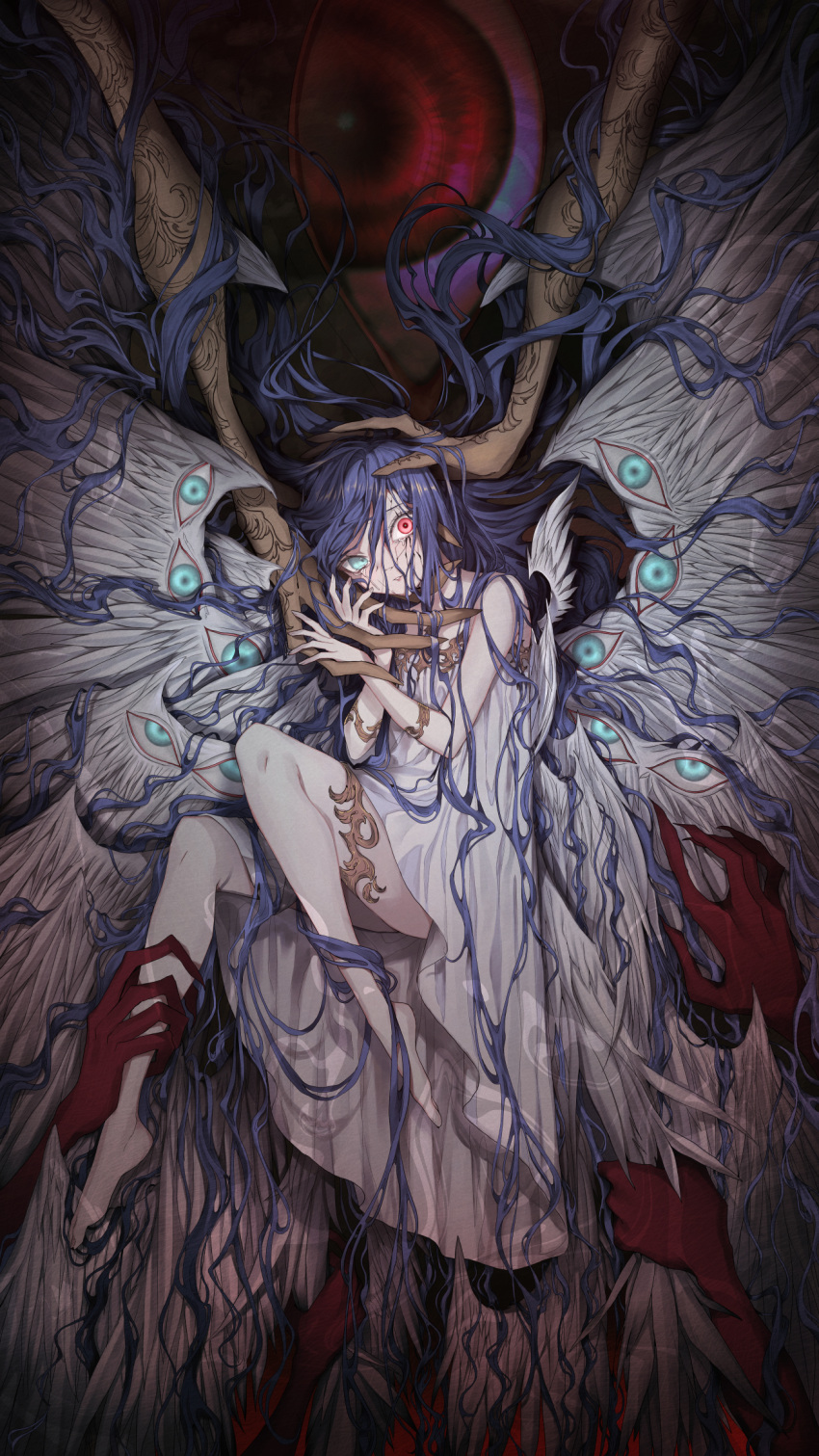 angel_wings armlet barefoot blue_eyes chocolate4170615 claws cracked_skin crying crying_with_eyes_open disembodied_eye dress extra_eyes female full_body gold_trim grabbing_another's_wing hand_on_another's_chin hand_on_another's_head heterochromia highres knees_up leg_grab long_hair looking_at_viewer messy_hair multiple_wings original out_of_frame parted_lips purple_hair red_eyes sleeveless sleeveless_dress swept_bangs tears thighlet uneven_eyes very_long_hair wavy_hair white_dress white_wings wings