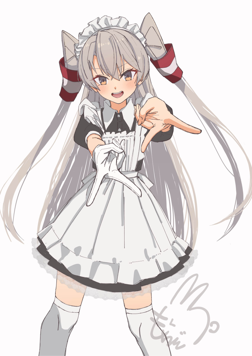 absurdres alternate_costume amatsukaze_(kancolle) apron black_dress dress female gloves highres kantai_collection long_hair looking_at_viewer maid maid_apron maid_headdress mochizou orange_eyes pointing pointing_at_viewer simple_background smile solo thighhighs two_side_up very_long_hair white_gloves windsock