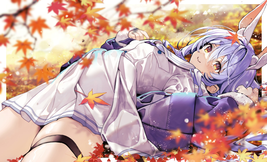 :3 animal_ear_fluff animal_ears autumn_leaves blue_hair blue_jacket blue_neckerchief blush closed_mouth denim denim_jacket double-parted_bangs dress extra_ears female fur-trimmed_jacket fur_trim hair_between_eyes haruhina_purple hashtag-only_commentary highres hikimayu hololive jacket leaf long_hair looking_at_viewer lying multicolored_hair neckerchief official_alternate_costume official_alternate_hairstyle on_back open_mouth orange_eyes outdoors rabbit-shaped_pupils rabbit_ears rabbit_girl red_eyes sailor_collar sailor_dress short_dress short_eyebrows sidelocks skindentation solo streaked_hair symbol-shaped_pupils thick_eyebrows thigh_strap thighs usada_pekora usada_pekora_(casual) virtual_youtuber white_dress white_hair white_sailor_collar