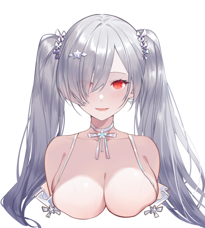 breast_cutout breasts choker cinderella cinderella_(glass_princess)_(nikke) cinderella_(nikke) commentary earrings female goddess_of_victory:_nikke hair_between_eyes hair_over_one_eye highres jewelry large_breasts light_blush long_hair official_alternate_costume open_mouth pale_skin red_eyes simple_background smile solo tight_clothes twintails upper_body white_background xion32