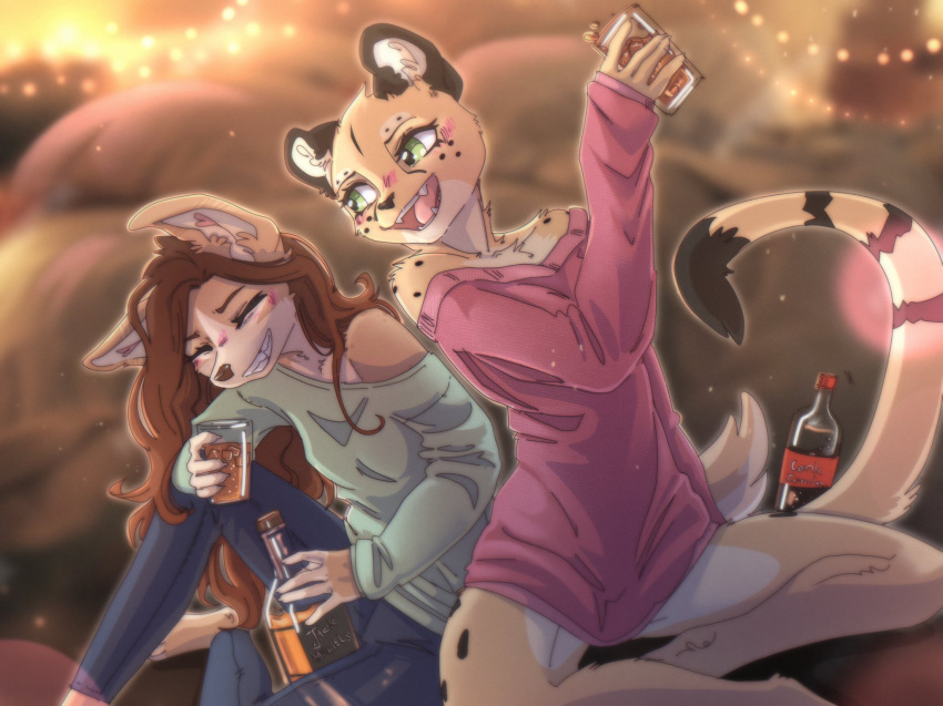 2024 5_fingers alcohol anthro beverage blush bottle bottomless bottomwear breasts brown_body brown_fur brown_hair canid canine canis cheetah clenched_teeth closed_eyes clothed clothed_anthro clothed_female clothing container cotton_(yshanii) countershade_torso countershading digital_media_(artwork) dingo duo felid feline female fingers fully_clothed fully_clothed_anthro fully_clothed_female fur green_eyes hair hi_res holding_glass holding_object inner_ear_fluff mammal markings open_mouth open_smile pants partially_clothed partially_clothed_anthro partially_clothed_female shirt sitting smile soda striped_markings striped_tail stripes tabitha_(crash2draw) tail tail_markings teeth tongue topwear topwear_only tuft whiskey yellow_body yellow_fur yshanii