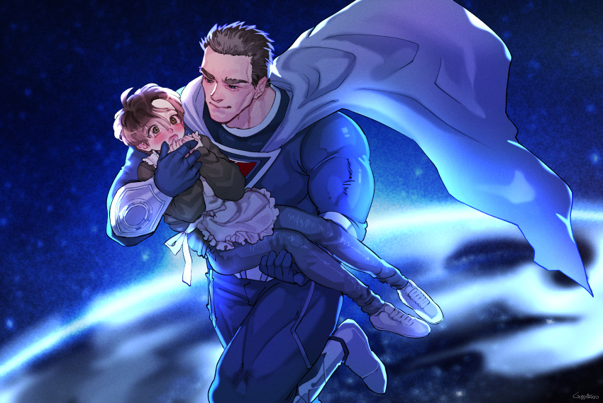 2boys :d :o android apron artist_name blush bodysuit brown_hair cape carrying crossdressing gloves gogglesyo highres john_connor long_sleeves male_focus multiple_boys muscular pants princess_carry shoes smile sneakers space superhero_costume t-800 terminator_(series) the_terminator thick_eyebrows