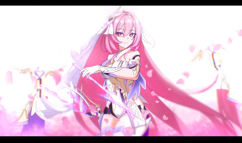 absurdres arrow_(projectile) bare_shoulders bell black_shorts breasts closed_mouth corset cowboy_shot diamond-shaped_pupils diamond_(shape) elysia_(herrscher_of_human:_ego)_(honkai_impact) elysia_(honkai_impact) english_commentary falling_petals female gloves highres holding holding_arrow honkai_(series) honkai_impact_3rd large_breasts letterboxed long_hair micro_shorts petals pink_hair purple_eyes rgenius100 shorts smile solo symbol-shaped_pupils thighs veil very_long_hair white_background white_corset white_gloves white_veil