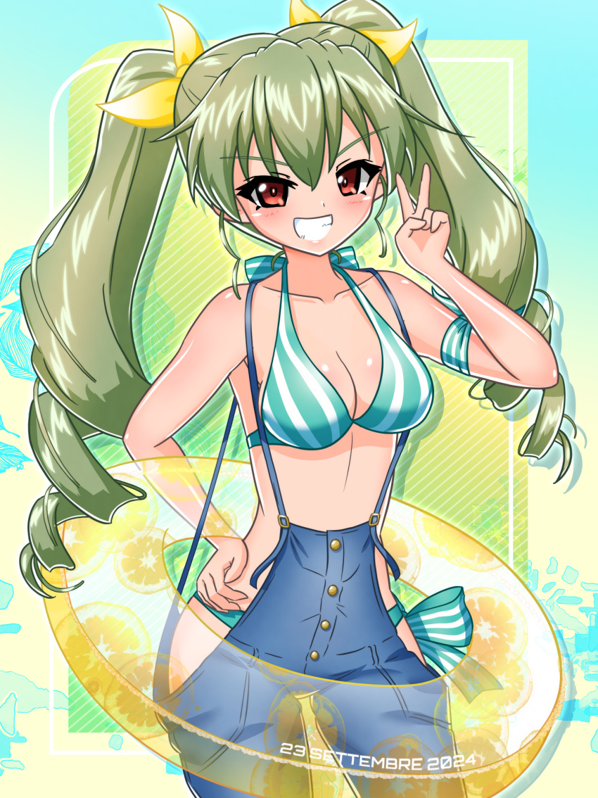 anchovy_(girls_und_panzer) bikini bikini_under_clothes blue_overalls breasts clothing_cutout cowboy_shot dated drill_hair earlobe1514366 female girls_und_panzer green_bikini green_hair grin hair_ribbon halterneck hand_on_own_hip highres innertube italian_text long_hair medium_breasts official_alternate_costume overalls red_eyes ribbon side_cutout smile solo swim_ring swimsuit twin_drills twintails v yellow_ribbon