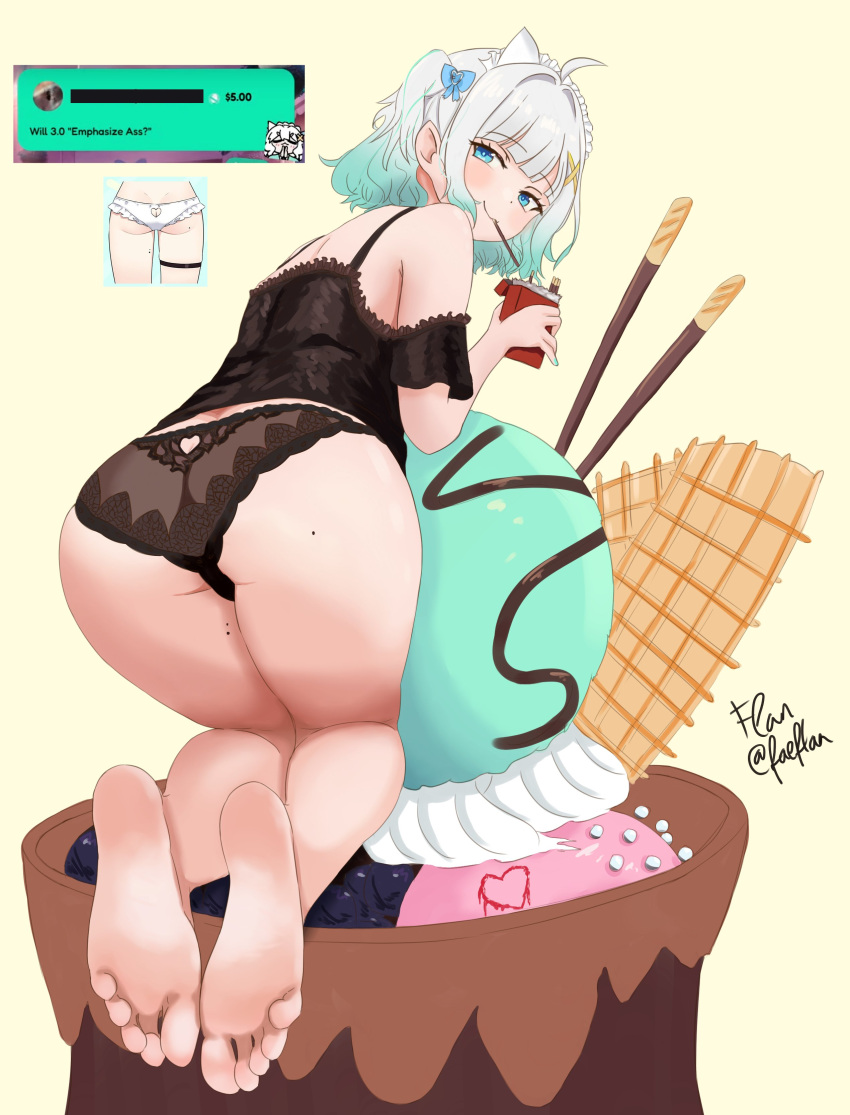 absurdres ahoge aqua_hair aqua_nails ass barefoot black_panties blue_bow blue_eyes blush bow eating eyelashes faeflan feet female food frills full_body gradient_hair grey_hair hair_ornament hairbow highres holding ice_cream indie_virtual_youtuber lace lace_panties legs_together looking_at_viewer looking_back medium_hair mint_fantome mole mole_on_ass mole_on_thigh mouth_hold multicolored_hair nail_polish panties pocky signature smile soles solo thighs toes twitter_username underwear x_hair_ornament