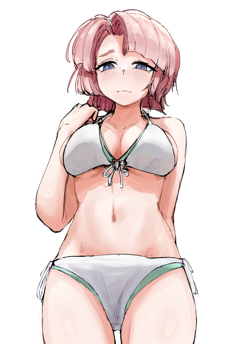 arimura_mao bikini blush breasts collarbone cowboy_shot female front-tie_bikini_top front-tie_top gakuen_idolmaster highres idolmaster kimi_to_semi_blue_(idolmaster) looking_at_viewer medium_breasts navel no_jacket pink_hair purple_eyes rinsun_(duug7323) short_hair side-tie_bikini_bottom simple_background solo stomach swimsuit white_background white_bikini