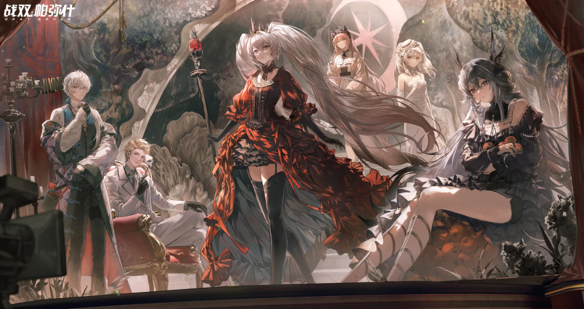 2boys 4girls black_dress black_thighhighs blonde_hair blue_hair character_name closed_mouth copyright_name crown dress hat highres holding holding_scepter horns lamia_(pgr) luna_(pgr) multiple_boys multiple_girls official_art on_chair punishing:_gray_raven red_dress scepter second-party_source sitting thighhighs white_dress white_hair