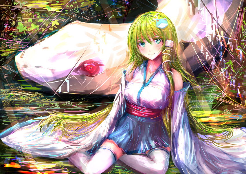 abstract absurdres animal bare_shoulders blue_skirt blush breasts closed_mouth collarbone detached_sleeves female frog_hair_ornament green_eyes green_hair hair_ornament hair_tubes head_tilt highres kochiya_sanae large_breasts light_smile long_hair looking_at_viewer mame_(mame3737) on_ground outdoors oversized_animal shirt single_hair_tube sitting skirt snake snake_hair_ornament solo thighhighs touhou very_long_hair white_shirt white_thighhighs wide_sleeves