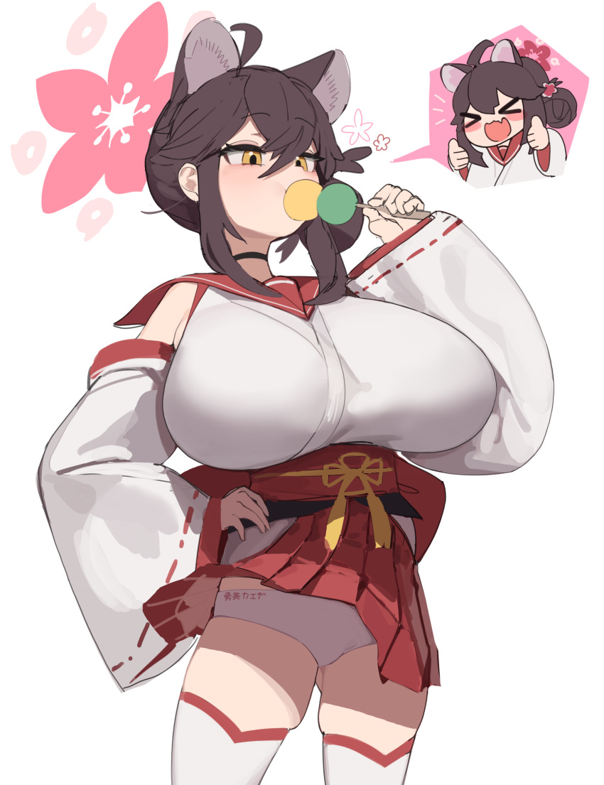 >_< :d absurdres animal_ears ass_visible_through_thighs black_hair blue_archive blush_stickers breasts cowboy_shot dango double_thumbs_up eating female food gya_rb halo highres japanese_clothes kaede_(blue_archive) kimono large_breasts long_bangs oerba_yun_fang oppai_loli panties pantyshot raccoon_ears red_halo red_sailor_collar ribbon_trim sailor_collar skin_fang sleeveless sleeveless_kimono smile solo standing thick_thighs thighhighs thighs thumbs_up underwear wagashi white_thighhighs wind wind_lift xd yellow_eyes