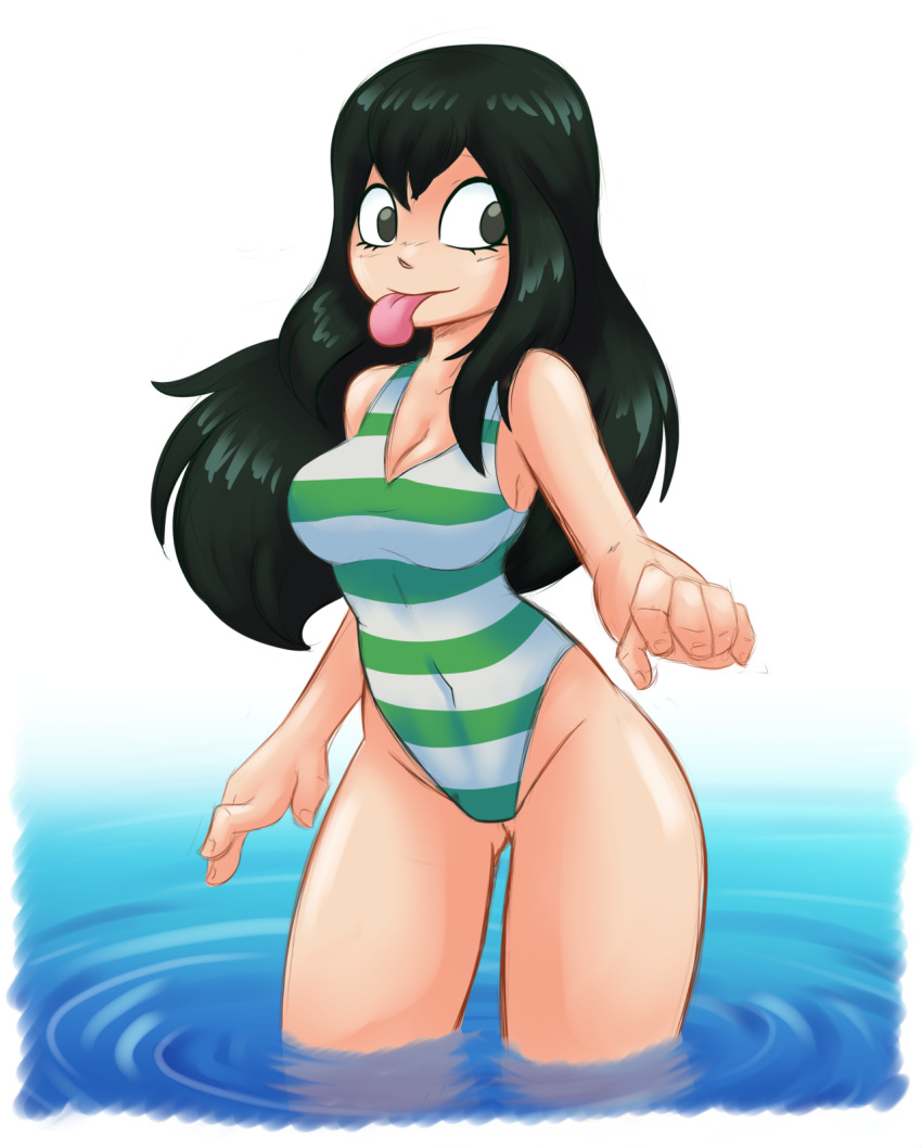 ambris_art ass_visible_through_thighs asui_tsuyu black_eyes black_hair blush boku_no_hero_academia breasts female green_one-piece_swimsuit highres looking_at_viewer medium_breasts navel one-piece_swimsuit simple_background smile striped_clothes striped_one-piece_swimsuit swimsuit thighs tongue tongue_out wading water white_background white_one-piece_swimsuit