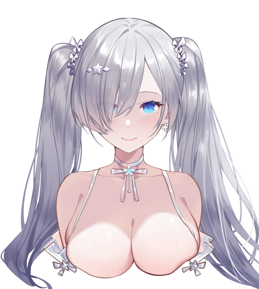 blue_eyes breast_cutout breasts choker cinderella cinderella_(glass_princess)_(nikke) cinderella_(nikke) closed_mouth commentary earrings female goddess_of_victory:_nikke hair_between_eyes hair_over_one_eye highres jewelry large_breasts light_blush long_hair official_alternate_costume pale_skin simple_background smile solo tight_clothes twintails upper_body white_background xion32