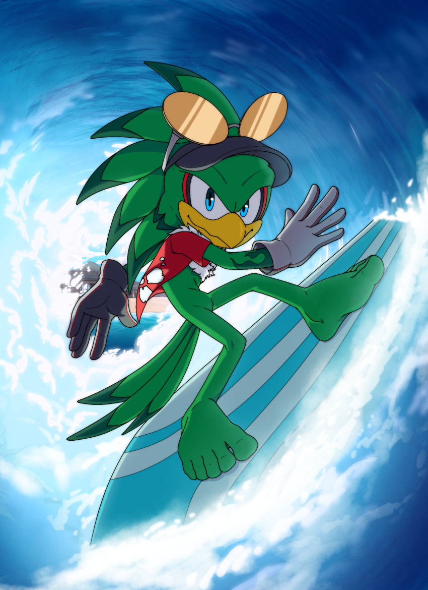 absurd_res accipitrid accipitriform anthro avian barefoot beach bird clothing eyewear feet foot_ninja15 hi_res jet_the_hawk male sega solo sonic_riders sonic_the_hedgehog_(series) sunglasses surfboard surfing wave