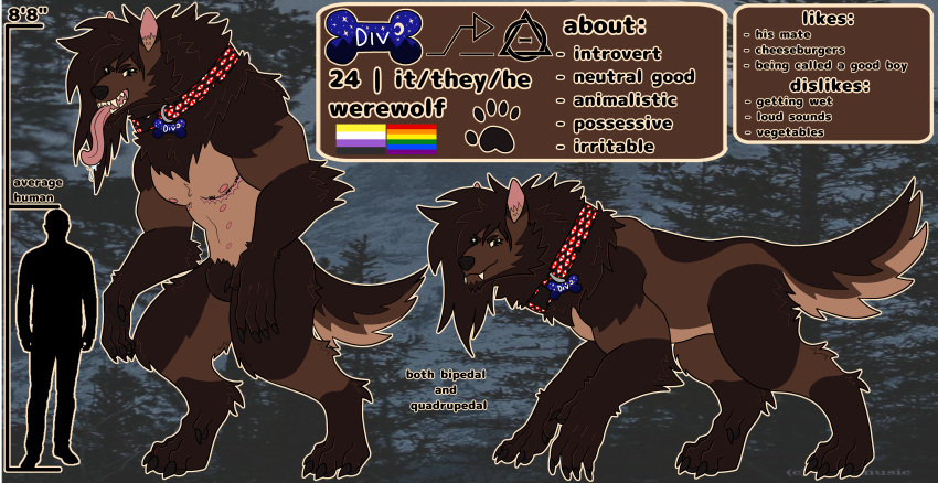 4_toes 5_fingers absurd_res anthro bodily_fluids brown_body brown_fur brown_hair brown_tail canid canine chart claws collar dividere drooling feet feral fingers fluffy fluffy_tail fur green_eyes hair height_chart hi_res long_tongue male male_anthro male_feral mammal mane model_sheet muscular muscular_feral muscular_male mythological_canine mythological_creature mythology nails name_tag neck_tuft paws saliva size_difference solo standing tail teeth text toes tongue tongue_out tuft werecanid werecanine werecreature werewolf