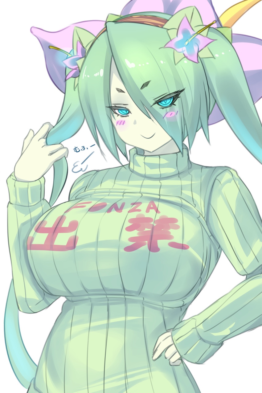 alraune blue_eyes blush blush_stickers breasts closed_mouth clothes_writing colored_skin commentary_request eyes_visible_through_hair female flower green_hair green_skin green_sweater hair_flower hair_ornament half-closed_eyes highres impossible_clothes kanon_(mon-musu_quest!) large_breasts long_hair long_sleeves looking_at_viewer mon-musu_quest! mon-musu_quest:_paradox monster_girl plant_girl playing_with_own_hair puff_of_air ribbed_sweater shiki_(psychedelic_g2) short_eyebrows simple_background smile solo sweater translation_request turtleneck turtleneck_sweater twintails upper_body v-shaped_eyebrows variant_set very_long_hair white_background