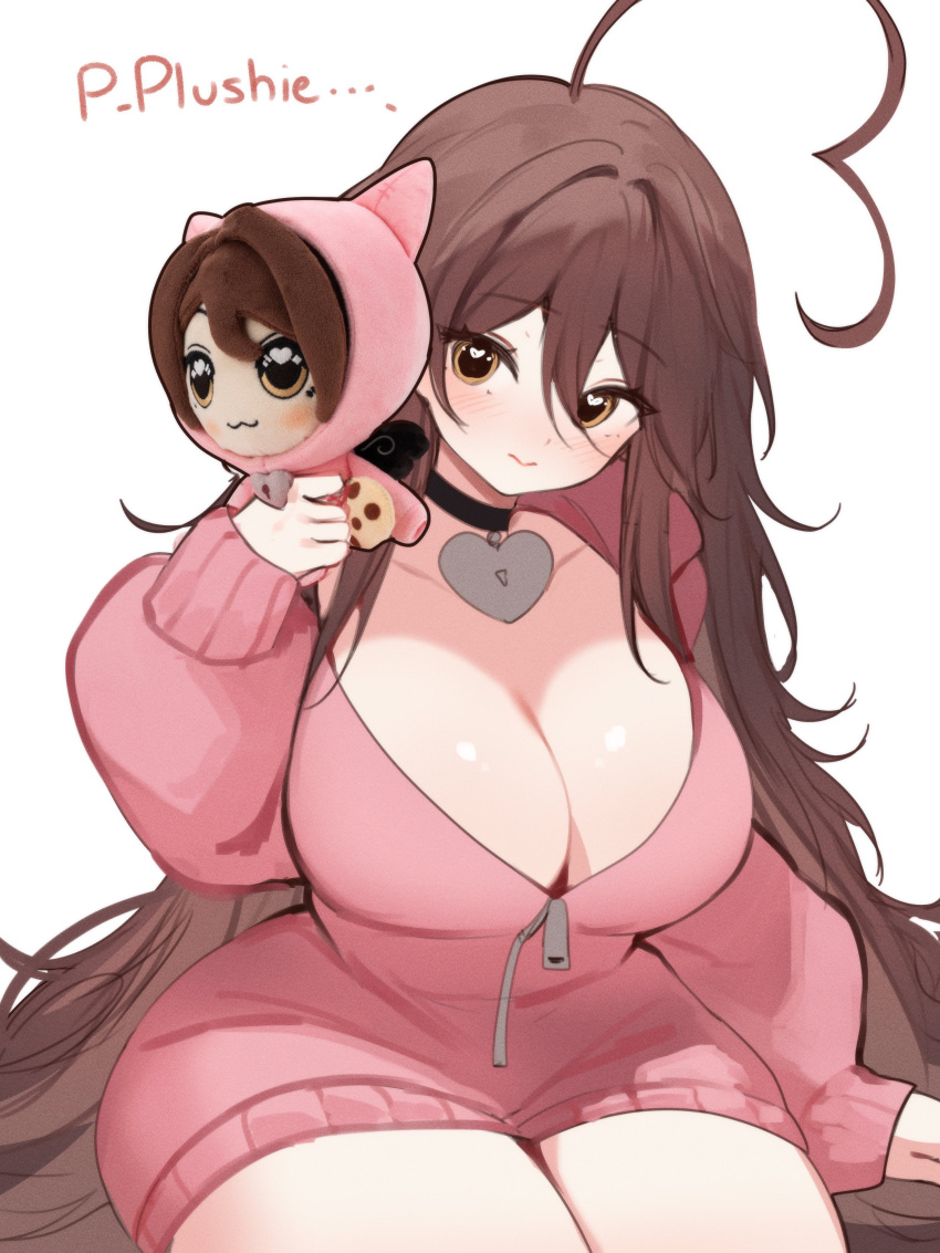 absurdres ad ahoge black_choker blush breasts brown_eyes brown_hair choker cleavage_cutout clothing_cutout collarbone english_text hair_between_eyes heart heart-shaped_pupils heart_ahoge heart_pendant highres holding holding_stuffed_toy huge_ahoge indie_virtual_youtuber large_breasts long_hair pink_sweater sitting sky_above_me sky_above_me_(vtuber) sleeves_past_wrists smile stuffed_toy sweater symbol-shaped_pupils thighhighs very_long_hair zipper_pull_tab